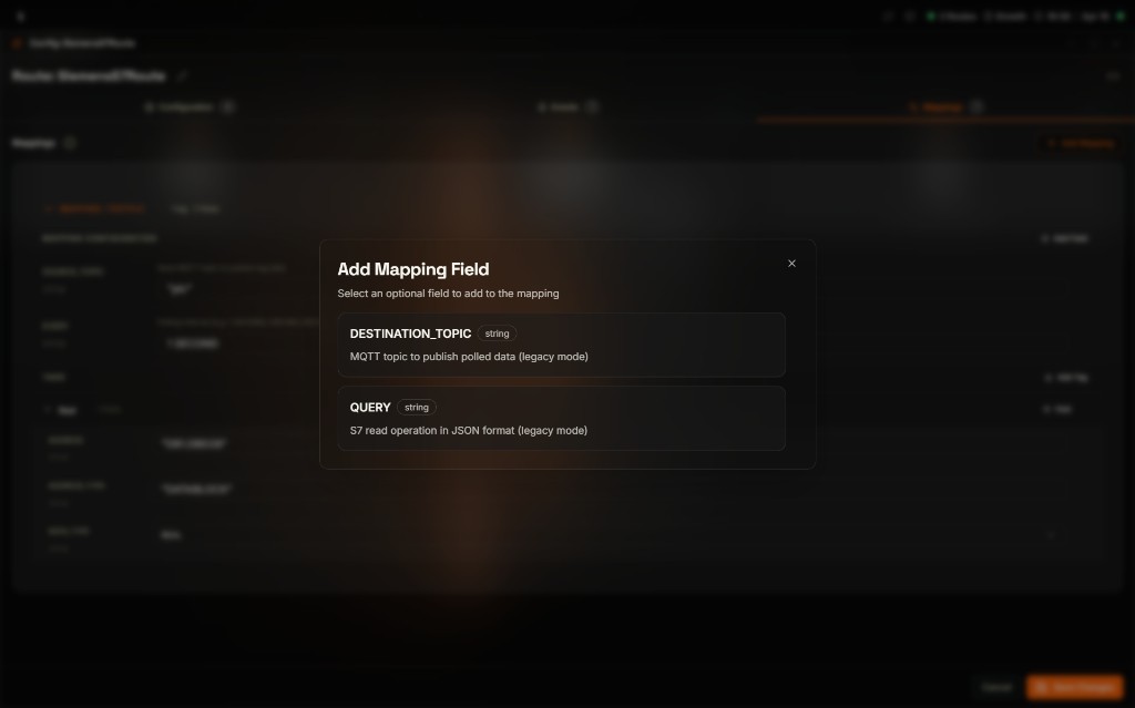Coreflux HUB Add Mapping Field modal prompting to select an optional field to add to the mapping, showing DESTINATION_TOPIC string described as MQTT topic to publish polled data (legacy mode) and QUERY string described as S7 read operation in JSON format (legacy mode)