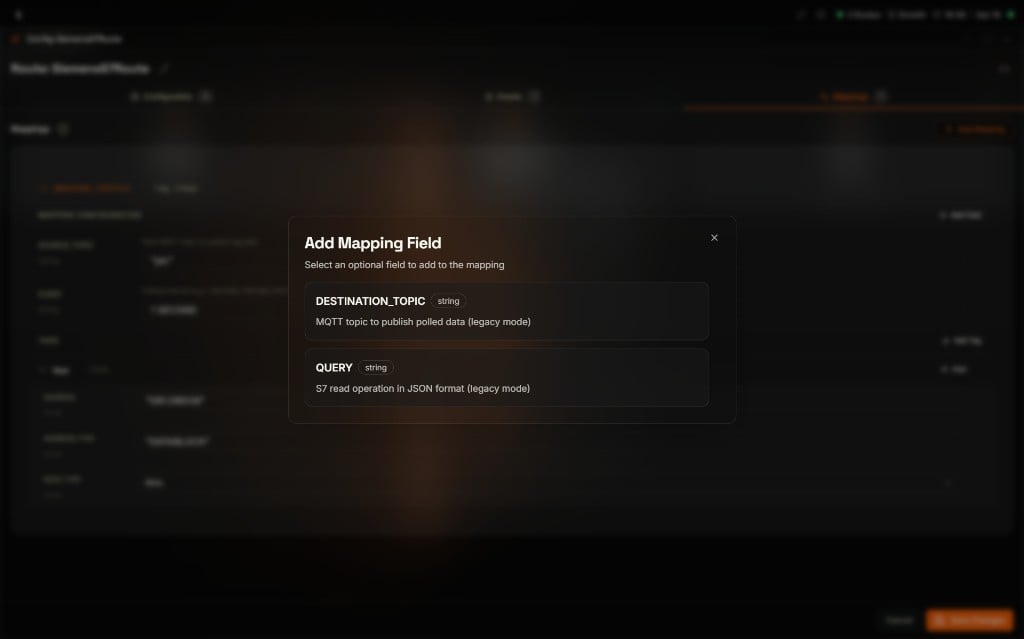 Coreflux HUB Add Mapping Field modal prompting to select an optional field to add to the mapping, showing DESTINATION_TOPIC string described as MQTT topic to publish polled data (legacy mode) and QUERY string described as S7 read operation in JSON format (legacy mode)