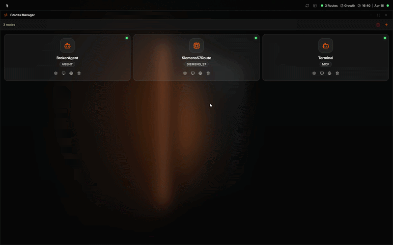 Coreflux HUB Routes Manager showing how to click a route card and select Monitor to open the monitoring window
