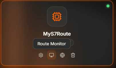 Coreflux HUB route card titled MyS7Route with a green status dot in the top-right corner and a row of action icons at the bottom — a gear for Configuration, a monitor icon currently hovered showing a Route Monitor tooltip, a globe for Documentation, and a trash can for Delete