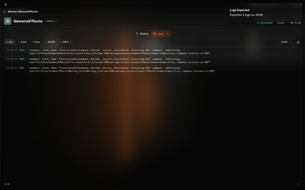Coreflux HUB Monitor: SiemensS7Route Logs tab displaying the three INFO ProcessCloudCLICommand entries and a Logs Exported toast in the top-right corner confirming Exported 3 logs as JSON, with level filters, JSON format selector, and export controls still visible