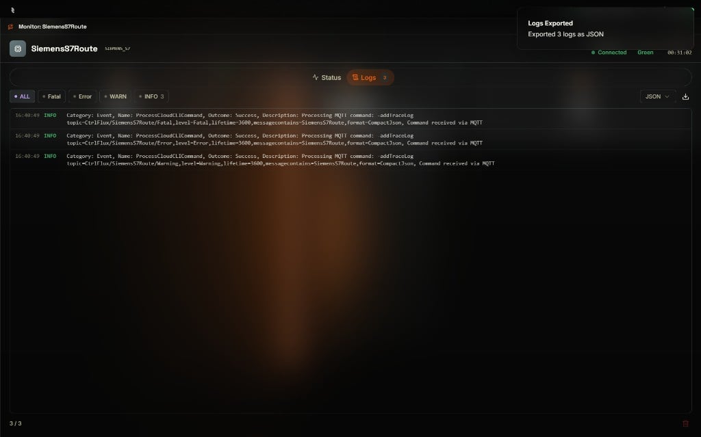 Coreflux HUB Monitor: SiemensS7Route Logs tab displaying the three INFO ProcessCloudCLICommand entries and a Logs Exported toast in the top-right corner confirming Exported 3 logs as JSON, with level filters, JSON format selector, and export controls still visible