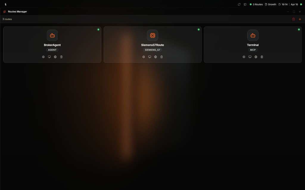 Coreflux HUB Routes section showing route cards with connection status indicators, sort and filter controls, and route management options