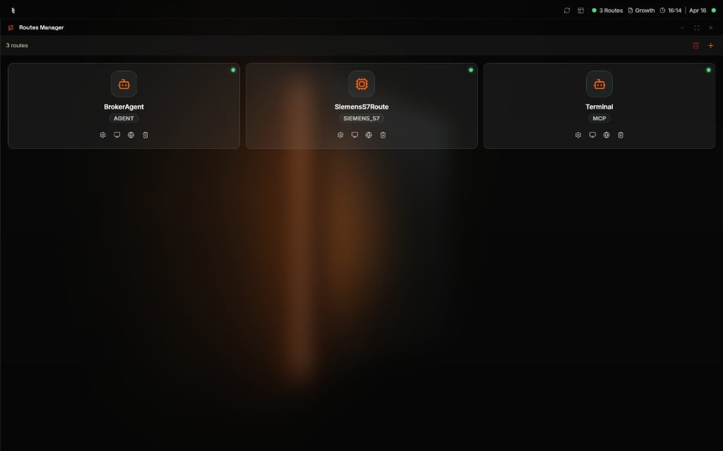 Coreflux HUB Routes app showing multiple route cards in a row with type labels, green status dots, and toolbar icons on each card