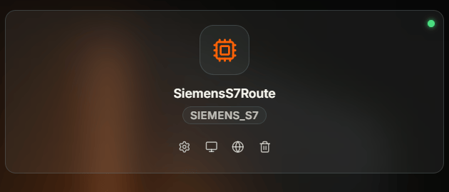 Coreflux HUB route card titled SiemensS7Route with the SIEMENS_S7 type badge, a green status dot in the top-right corner indicating a connected route, and four action icons along the bottom for configuration, monitor, documentation, and delete