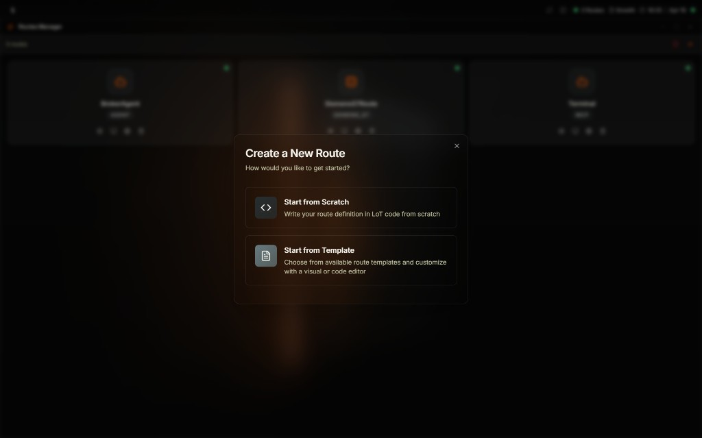 Coreflux HUB Create a New Route modal overlaid on the Route Manager asking How would you like to get started with two options — Start from Scratch to write a route definition in LoT code from scratch and Start from Template to choose from available route templates and customize with a visual or code editor