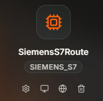 Coreflux HUB SiemensS7Route card with the SIEMENS_S7 type badge and a row of four action icons at the bottom — a gear for Configuration, a monitor for Monitor, a globe for Documentation, and a trash can for Delete
