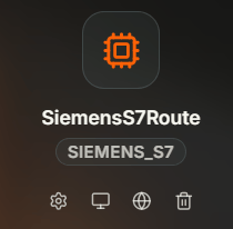 Coreflux HUB SiemensS7Route card with the SIEMENS_S7 type badge and a row of four action icons at the bottom — a gear for Configuration, a monitor for Monitor, a globe for Documentation, and a trash can for Delete