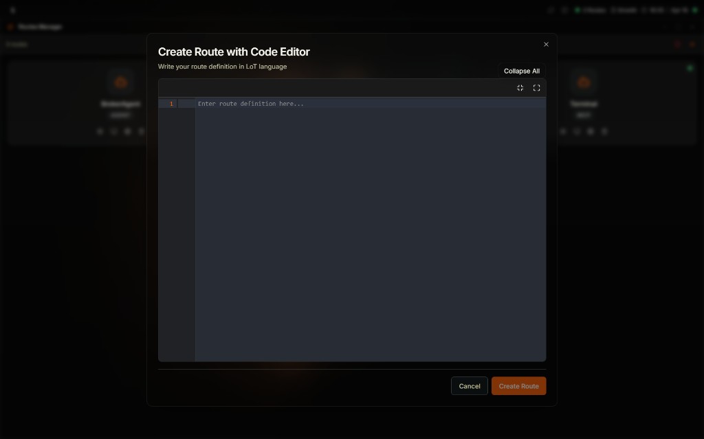 Coreflux HUB Create Route with Code Editor modal prompting to write your route definition in LoT language, showing an empty numbered code editor with Enter route definition here placeholder, Collapse All and fullscreen controls at the top, and Cancel and Create Route buttons at the bottom