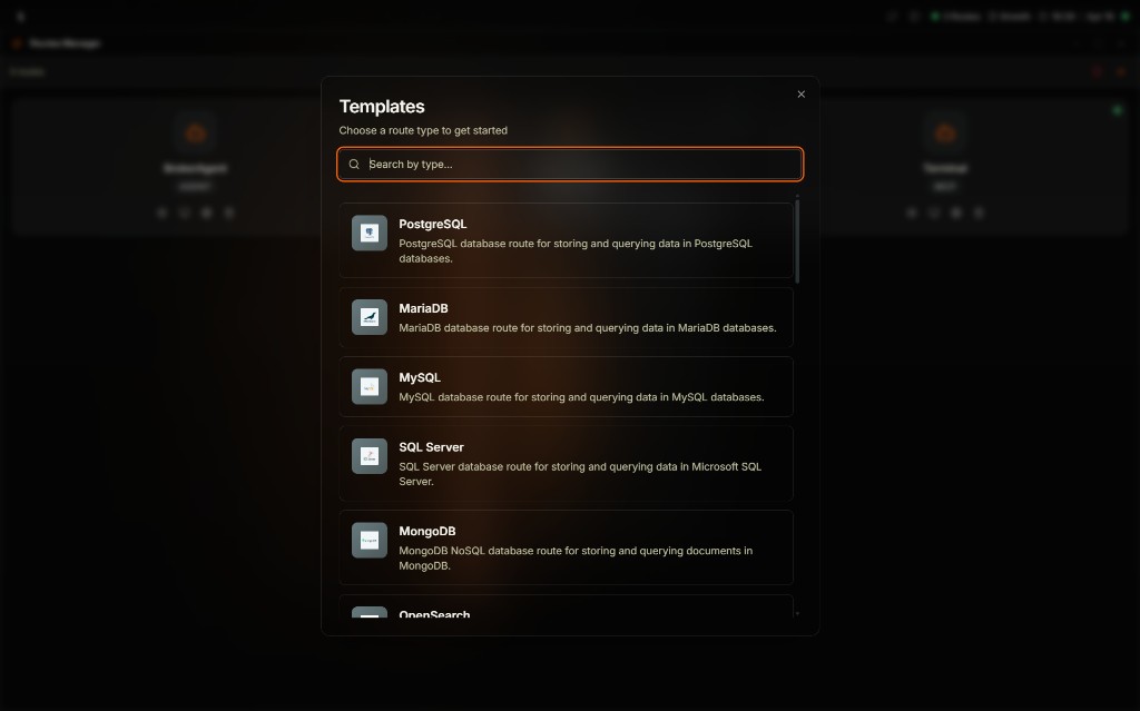 Coreflux HUB Templates modal titled Choose a route type to get started with a Search by type field and a scrollable list of route templates including PostgreSQL, MariaDB, MySQL, SQL Server, MongoDB, and OpenSearch, each with a description of its database route purpose