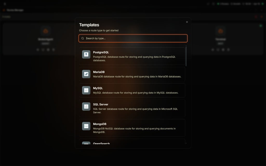 Coreflux HUB Templates modal titled Choose a route type to get started with a Search by type field and a scrollable list of route templates including PostgreSQL, MariaDB, MySQL, SQL Server, MongoDB, and OpenSearch, each with a description of its database route purpose