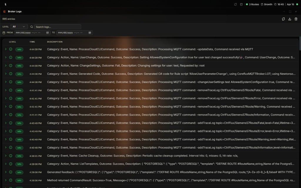 Coreflux HUB Broker Logs window with a 665 entries count, a Level dropdown set to All, a Search logs field, From and To date range pickers, refresh, export, and clear icons in the top-right, and a log entries table with LEVEL, TIME, and DESCRIPTION columns showing Info entries for Category Event ProcessCloudCLICommand and Category Action UserChange, ChangeSettings, Generated Code, Cache Cleanup, and ListTemplates with timestamps from 4:28:06 PM to 4:44:39 PM