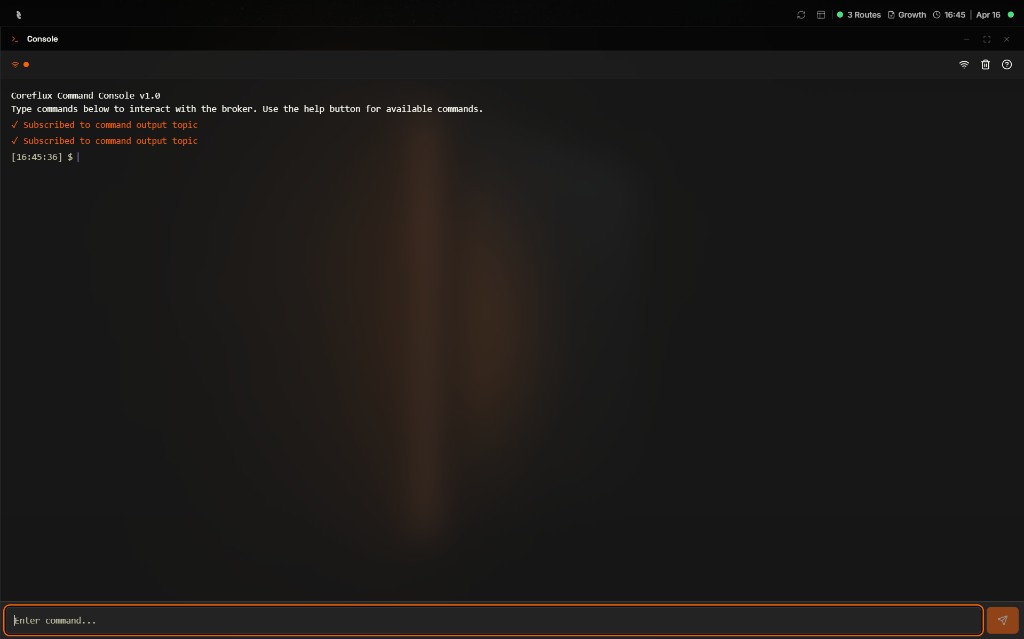 Coreflux HUB Command Console window with a connected status indicator, a header reading Coreflux Command Console v1.0 and Type commands below to interact with the broker — Use the help button for available commands, two Subscribed to command output topic confirmations, a timestamped $ prompt ready for input, and an Enter command input field with a send button at the bottom, plus connection, clear, and help icons in the top-right