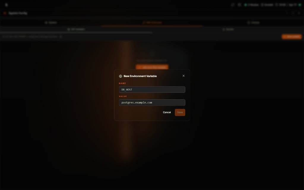 New Environment Variable modal in the Coreflux HUB with the NAME field set to DB_HOST and the VALUE field set to postgres.example.com, plus Cancel and Save buttons