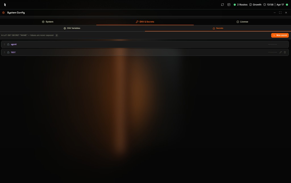 ENV & Secrets tab in the Coreflux HUB System Config showing the Secrets sub-tab with two entries named agent and TEST, both with values shown as dots and hover icons on the right side for editing and deleting the secret