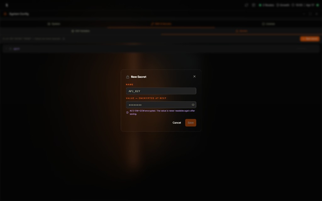 New Secret modal in the Coreflux HUB with the NAME field set to API_KEY, a masked VALUE field labeled VALUE -- ENCRYPTED AT REST, an info note explaining AES-256-GCM encryption and that the value is never readable again after saving, plus Cancel and Save buttons