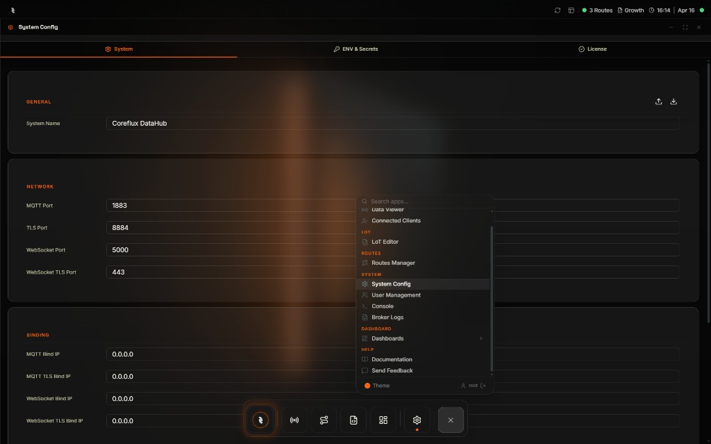 Coreflux HUB System app showing System Config with General, Network, and Binding fields, plus the overlay app menu listing Data Viewer, LoT Editor, Routes, and system tools