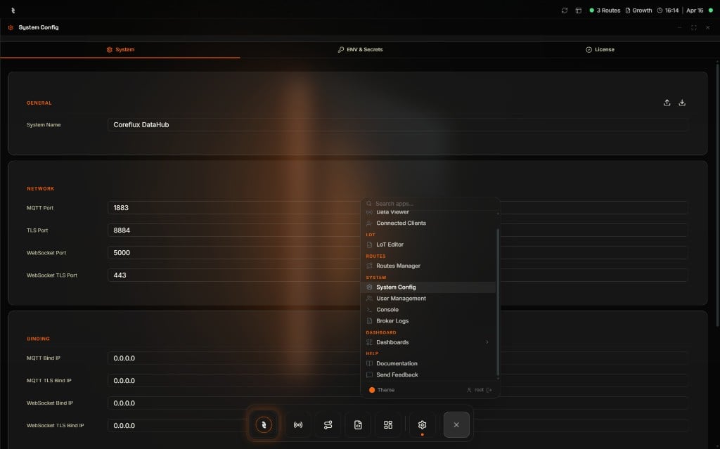 Coreflux HUB System app showing System Config with General, Network, and Binding fields, plus the overlay app menu listing Data Viewer, LoT Editor, Routes, and system tools