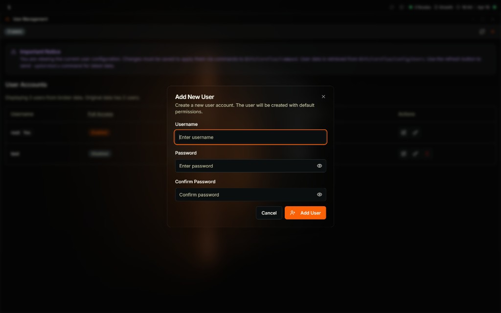 Coreflux HUB Add New User modal overlaid on the User Management window with the description Create a new user account; the user will be created with default permissions, and three input fields — Username with placeholder Enter username highlighted, Password with placeholder Enter password and a visibility toggle, and Confirm Password with placeholder Confirm password and a visibility toggle — plus Cancel and Add User buttons