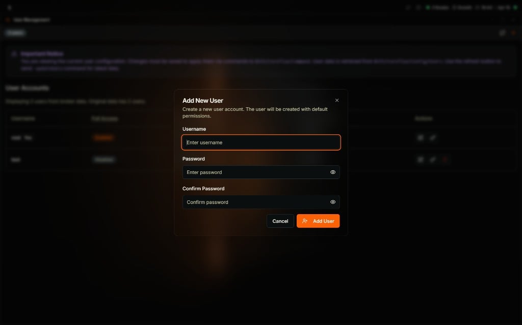 Coreflux HUB Add New User modal overlaid on the User Management window with the description Create a new user account; the user will be created with default permissions, and three input fields — Username with placeholder Enter username highlighted, Password with placeholder Enter password and a visibility toggle, and Confirm Password with placeholder Confirm password and a visibility toggle — plus Cancel and Add User buttons