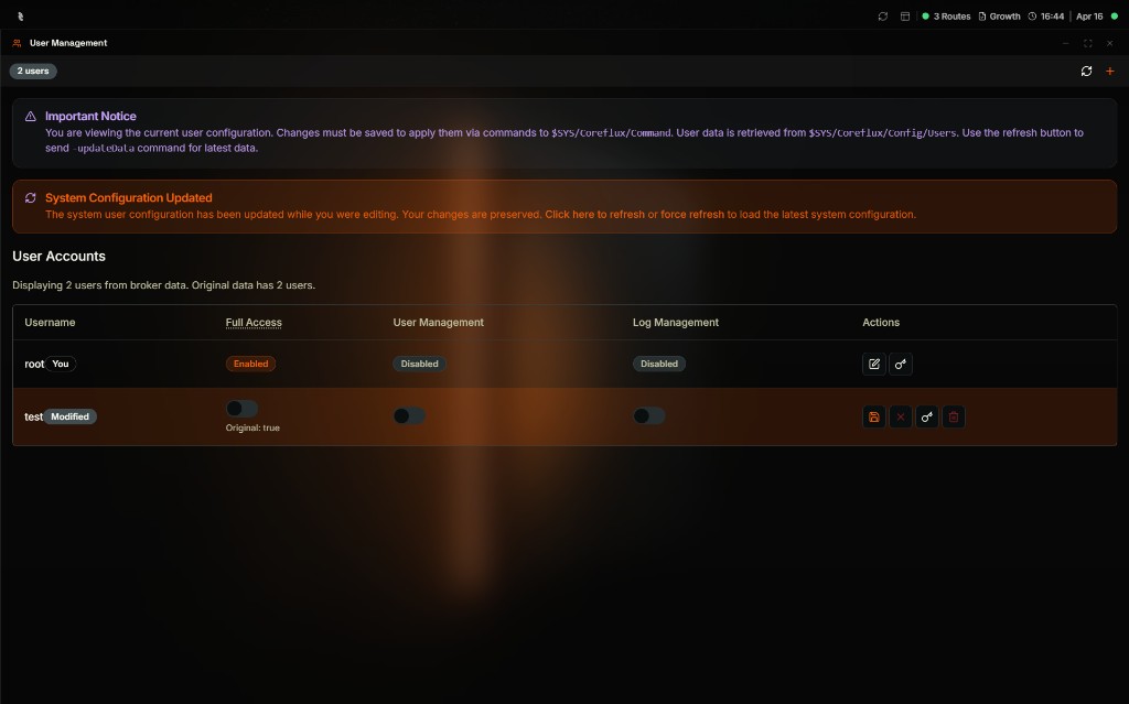 Coreflux HUB User Management window with an Important Notice at the top and a System Configuration Updated banner explaining that the system user configuration has been updated while editing and offering to refresh; the User Accounts table shows root with Full Access Enabled and User Management and Log Management Disabled, and test with a Modified badge, Full Access toggled off with an Original: true note, and save, cancel, change password, and delete action icons on the right