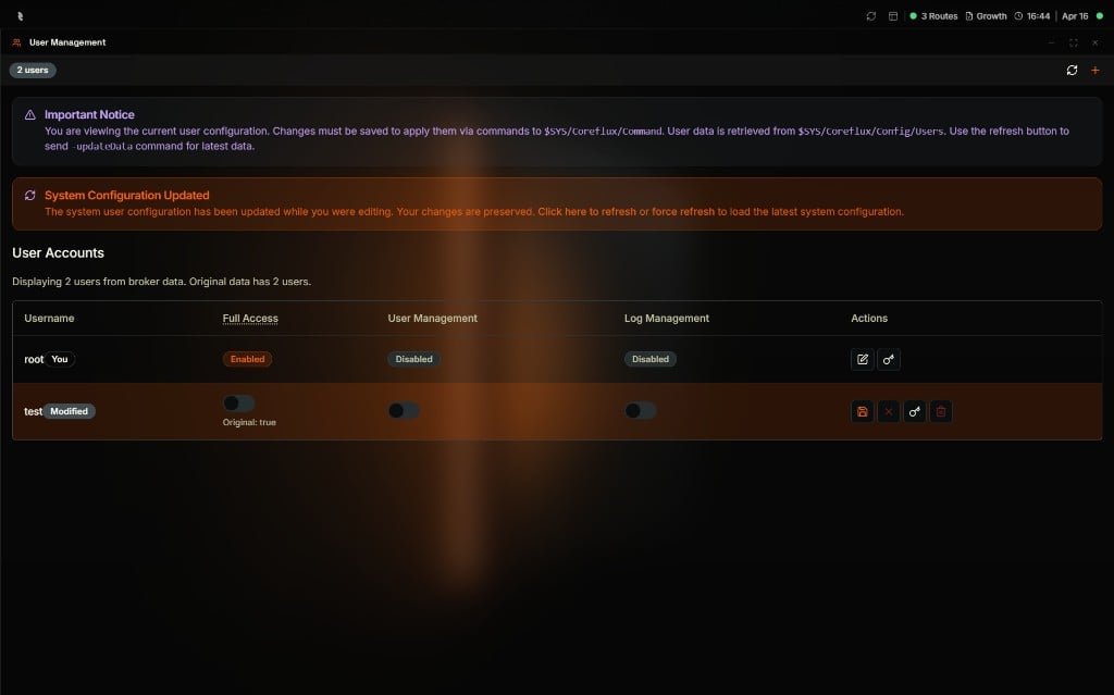 Coreflux HUB User Management window with an Important Notice at the top and a System Configuration Updated banner explaining that the system user configuration has been updated while editing and offering to refresh; the User Accounts table shows root with Full Access Enabled and User Management and Log Management Disabled, and test with a Modified badge, Full Access toggled off with an Original: true note, and save, cancel, change password, and delete action icons on the right