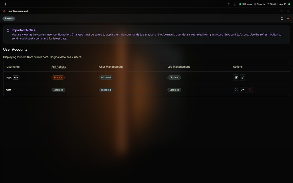 Coreflux HUB User Management window with a 2 users badge, a refresh and add buttons in the top-right, an Important Notice stating that changes must be saved via commands to $SYS/Coreflux/Command and that user data is retrieved from $SYS/Coreflux/Config/Users, and a User Accounts table displaying root (marked You) with Full Access Enabled and User Management and Log Management Disabled plus edit and key action icons, and test with all three permissions Disabled plus edit, key, and delete action icons