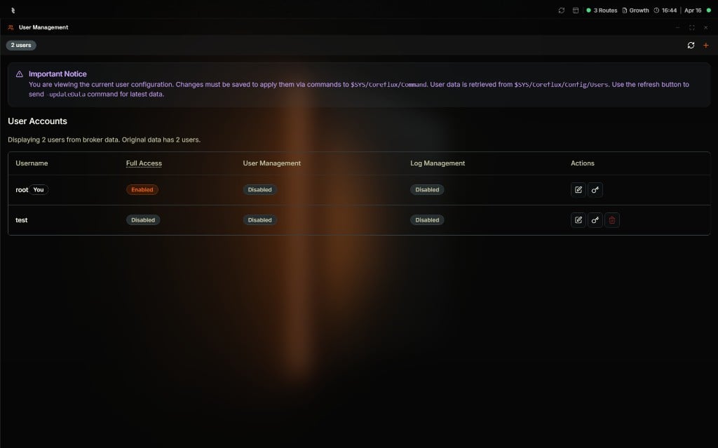 Coreflux HUB User Management window with a 2 users badge, a refresh and add buttons in the top-right, an Important Notice stating that changes must be saved via commands to $SYS/Coreflux/Command and that user data is retrieved from $SYS/Coreflux/Config/Users, and a User Accounts table displaying root (marked You) with Full Access Enabled and User Management and Log Management Disabled plus edit and key action icons, and test with all three permissions Disabled plus edit, key, and delete action icons
