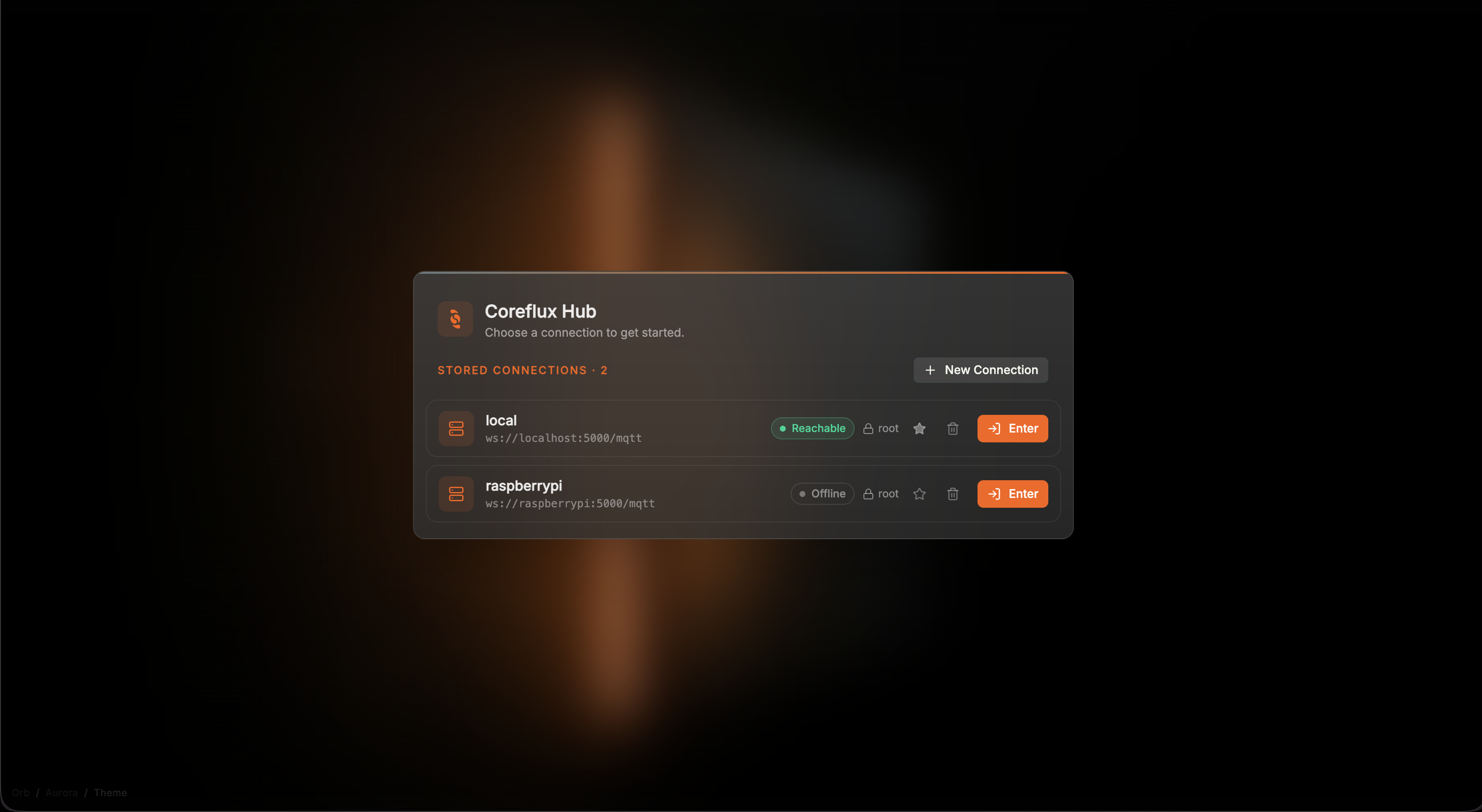 Coreflux HUB login screen with stored connections, Enter buttons, and New Connection