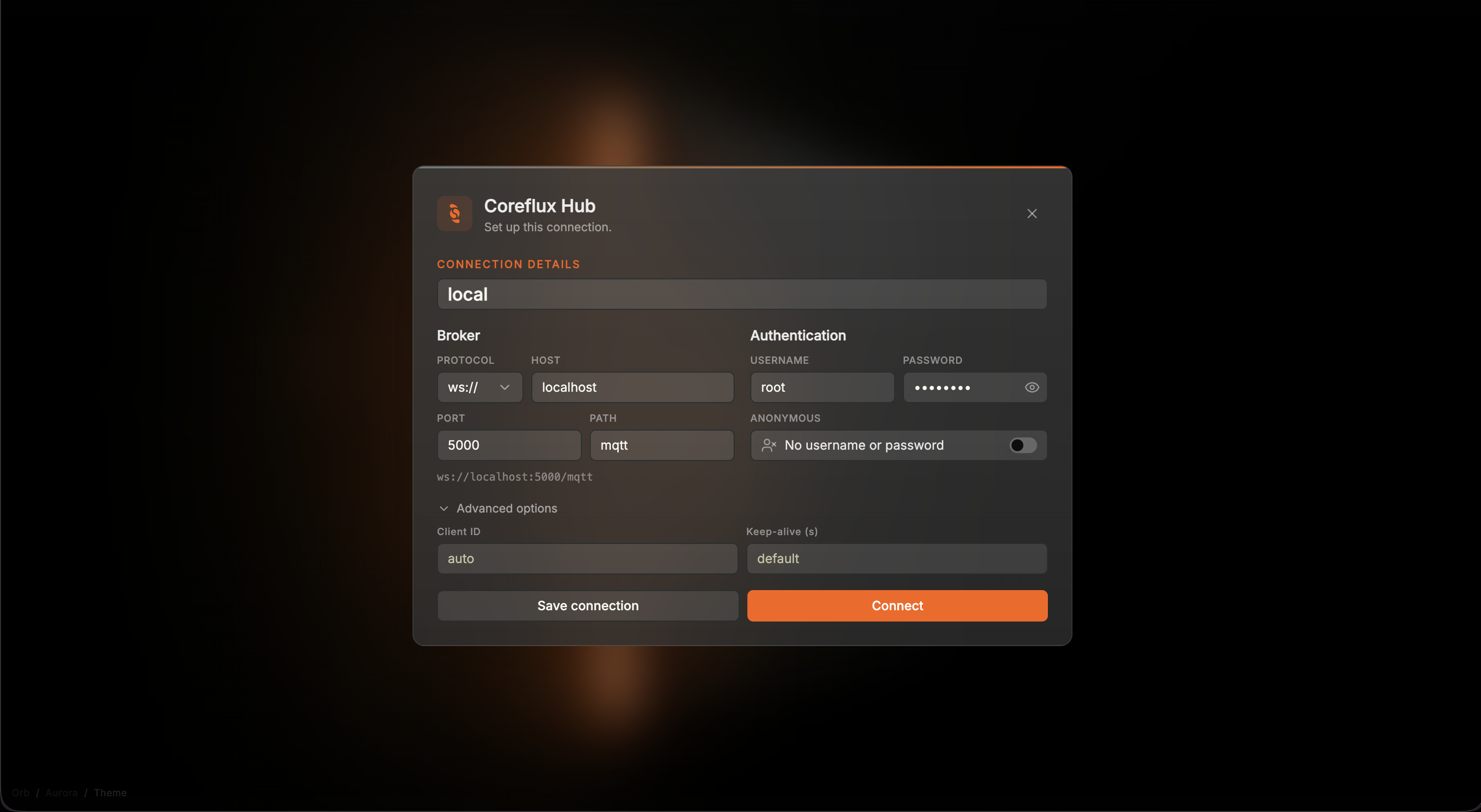 Coreflux HUB New Connection form with Local Hub, ws:// localhost port 5000 path mqtt, username root, Save connection, and Connect