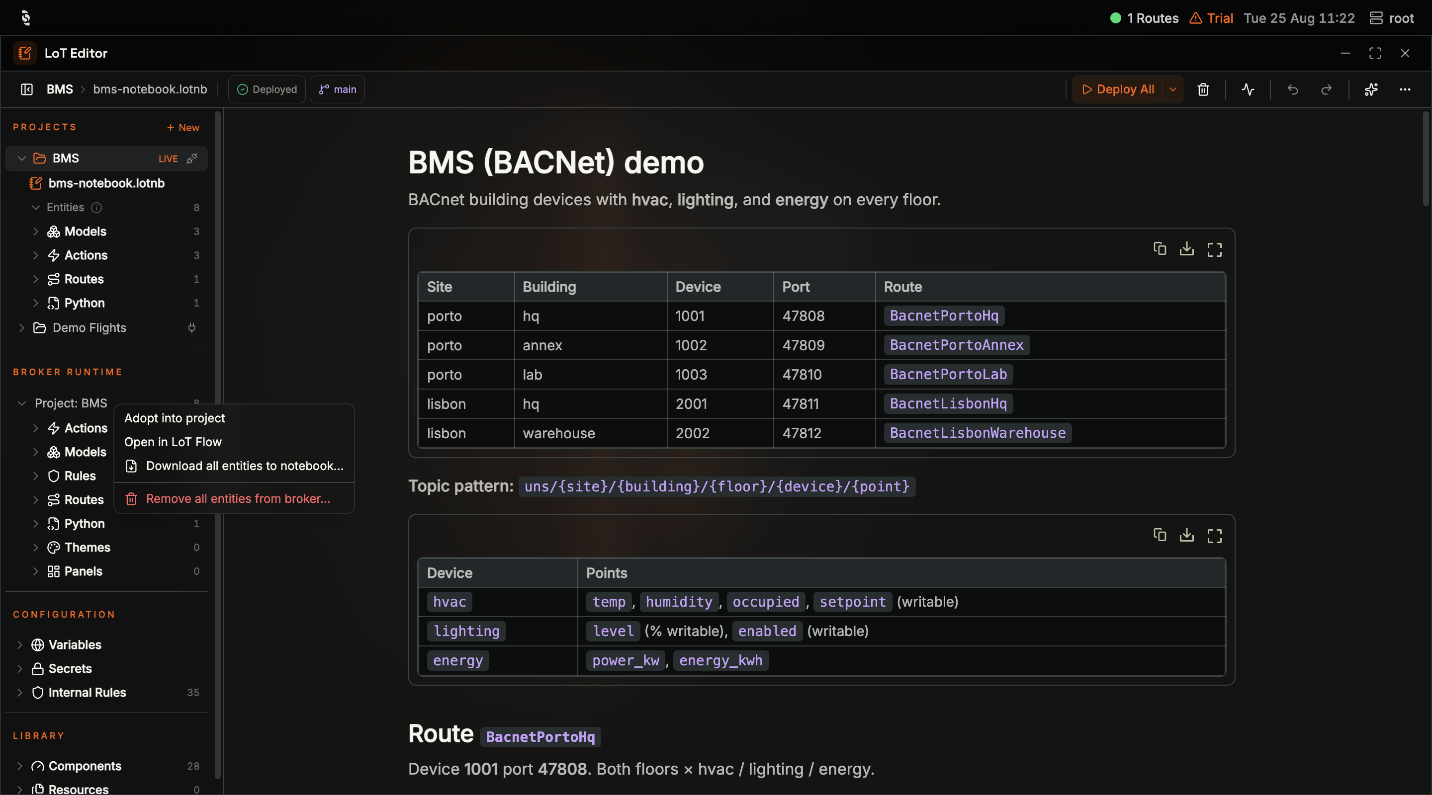 Context menu on Broker runtime in the Coreflux HUB LoT Editor with Adopt into project, Open in LoT Flow, Download all entities to notebook, and Remove all entities from broker