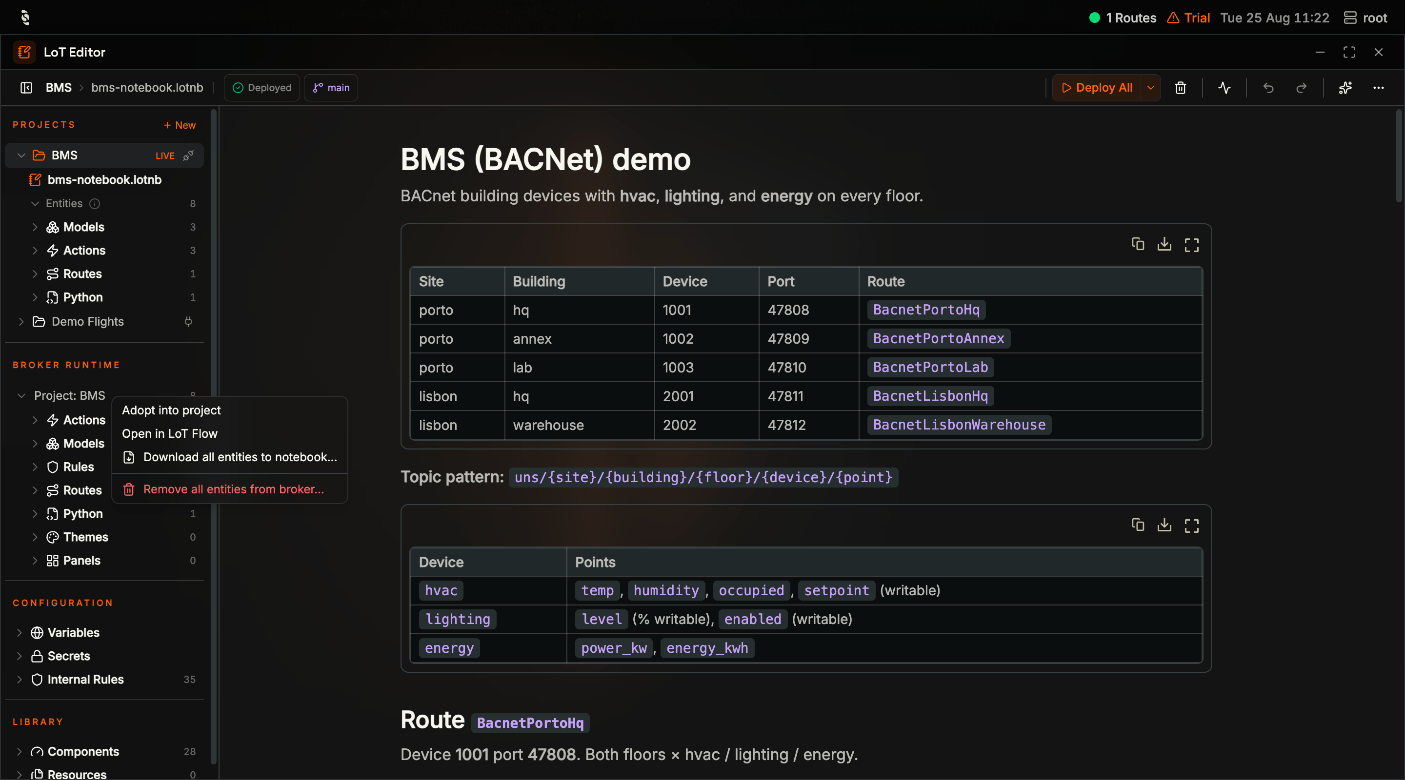 Context menu on Broker runtime in the Coreflux HUB LoT Editor with Adopt into project, Open in LoT Flow, Download all entities to notebook, and Remove all entities from broker