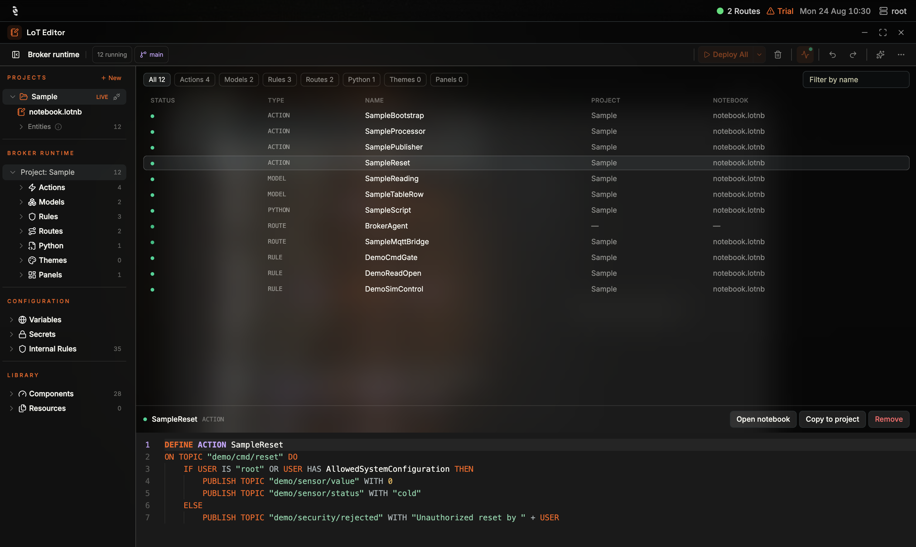 Coreflux HUB Broker runtime inspector listing Sample entities plus a BrokerAgent route with empty Project and Notebook columns, SampleReset ACTION selected showing DEFINE ACTION SampleReset with Open notebook, Copy to project, and Remove
