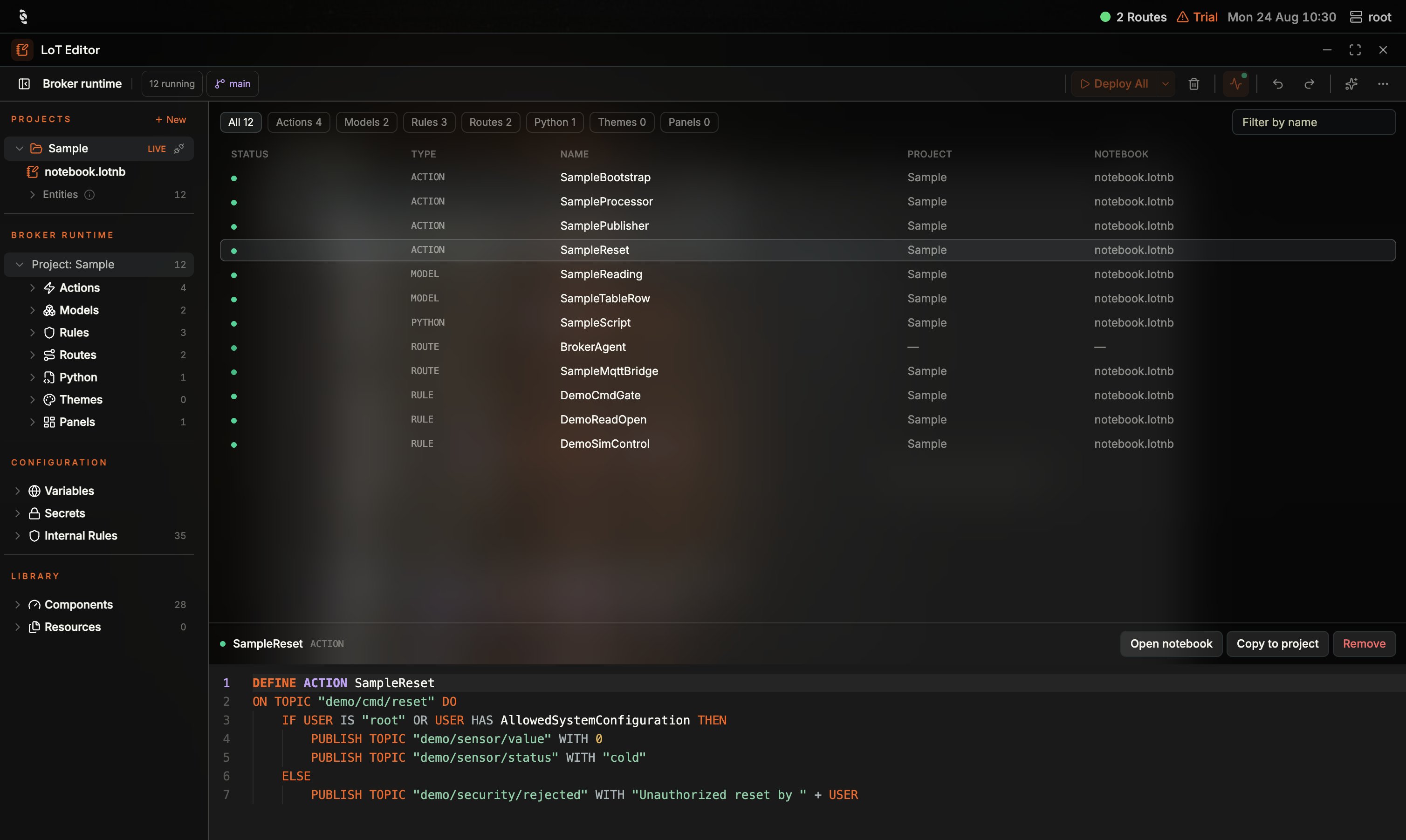 Coreflux HUB Broker runtime inspector listing Sample entities plus a BrokerAgent route with empty Project and Notebook columns, SampleReset ACTION selected showing DEFINE ACTION SampleReset with Open notebook, Copy to project, and Remove