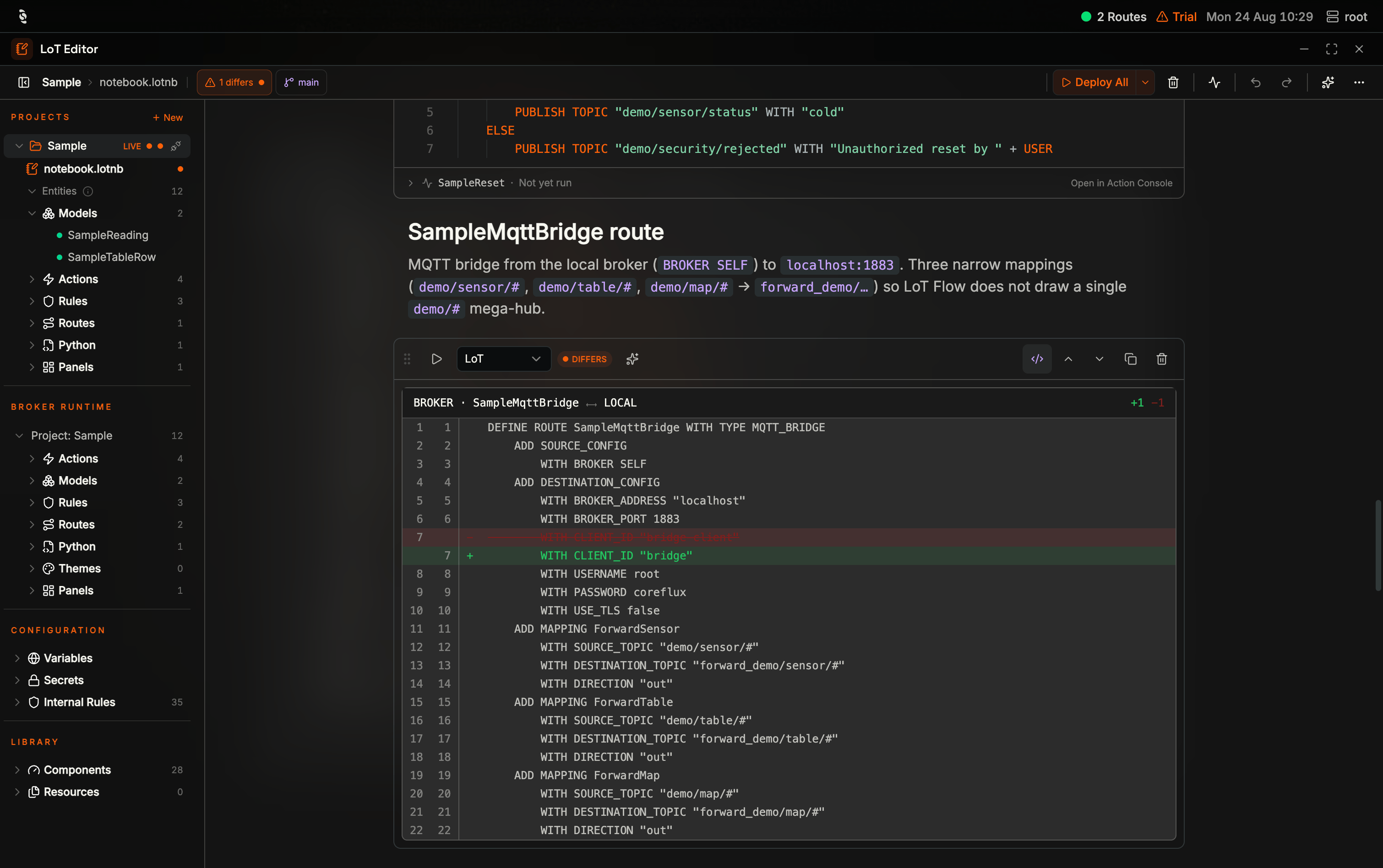 Coreflux HUB LoT Editor showing SampleMqttBridge in diff mode, header BROKER · SampleMqttBridge vs LOCAL, CLIENT_ID changed from bridge-client to bridge, PROJECTS Sample LIVE, orange 1 differs chip and main branch