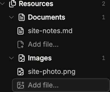 Coreflux HUB LoT Editor Library Resources with Documents expanded to site-notes.md and Add file, Images collapsed with count 1