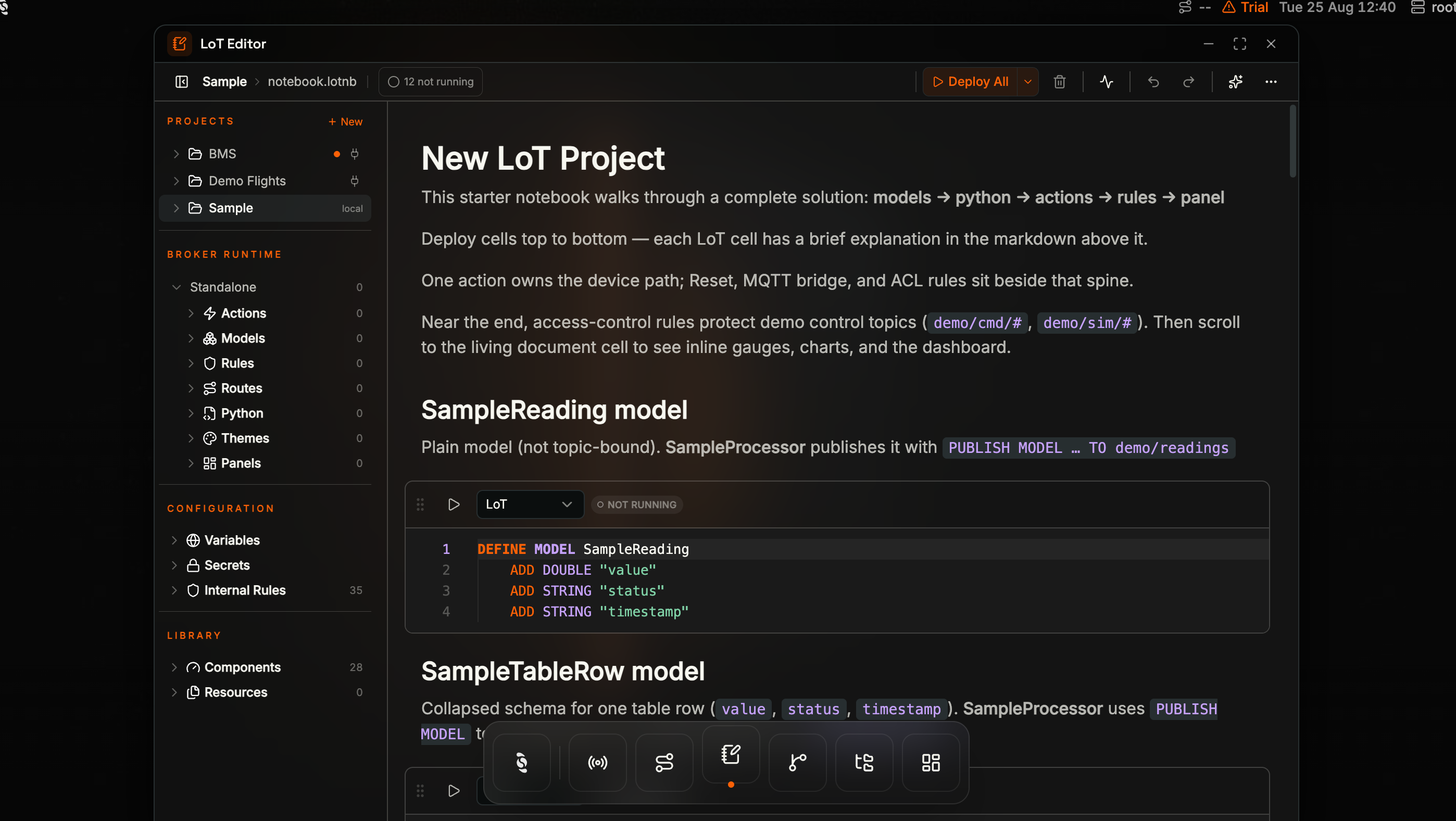 Coreflux HUB LoT Editor window above the dock, Sample notebook.lotnb in the breadcrumb, 12 not running chip, orange Deploy All, Projects listing Sample as local, Library Components 28, LoT Editor dock icon active