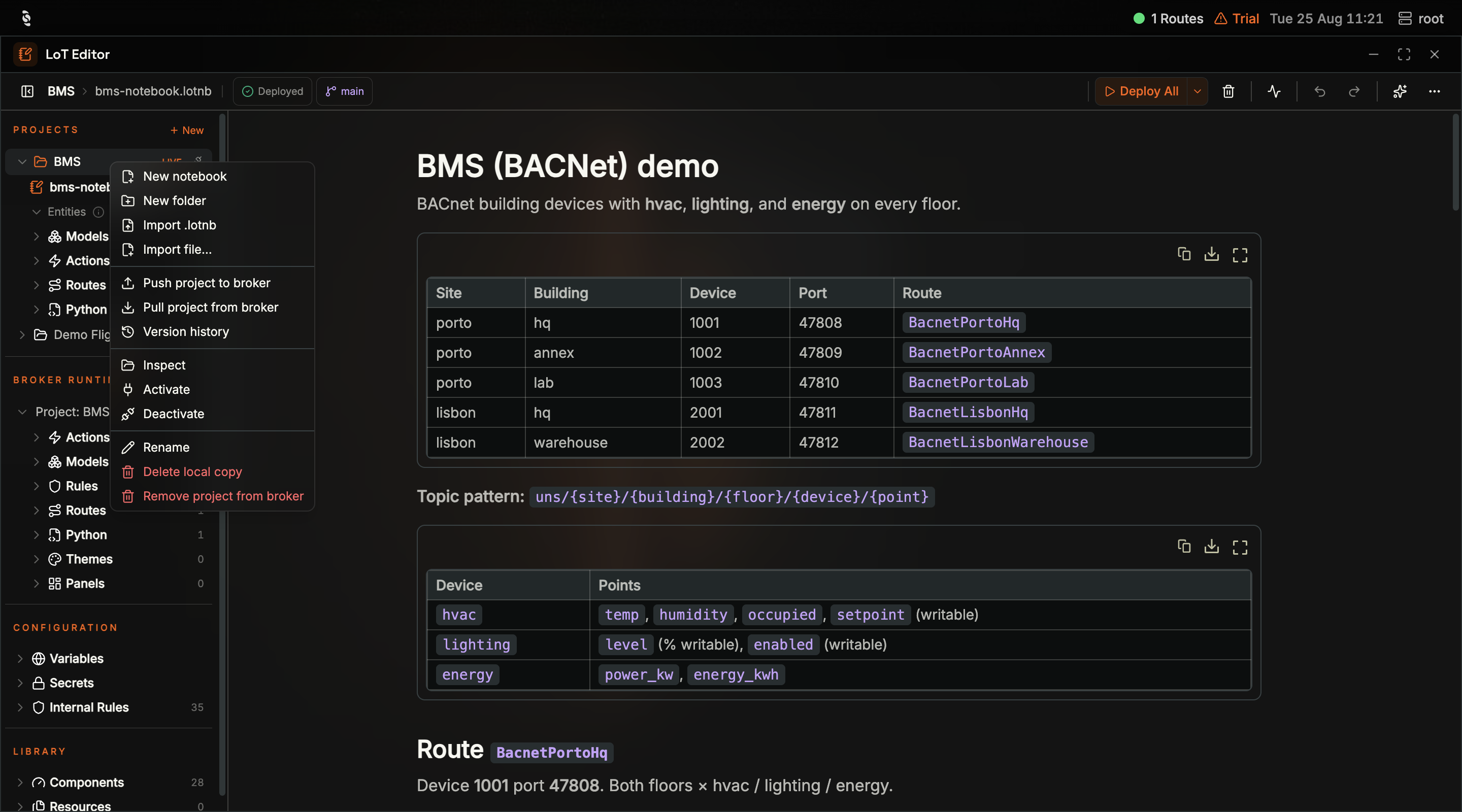 Context menu for a project in the Coreflux HUB LoT Editor with New notebook, Push project to broker, Pull project from broker, Version history, Inspect, Activate, Deactivate, Rename, Delete local copy, and Remove project from broker