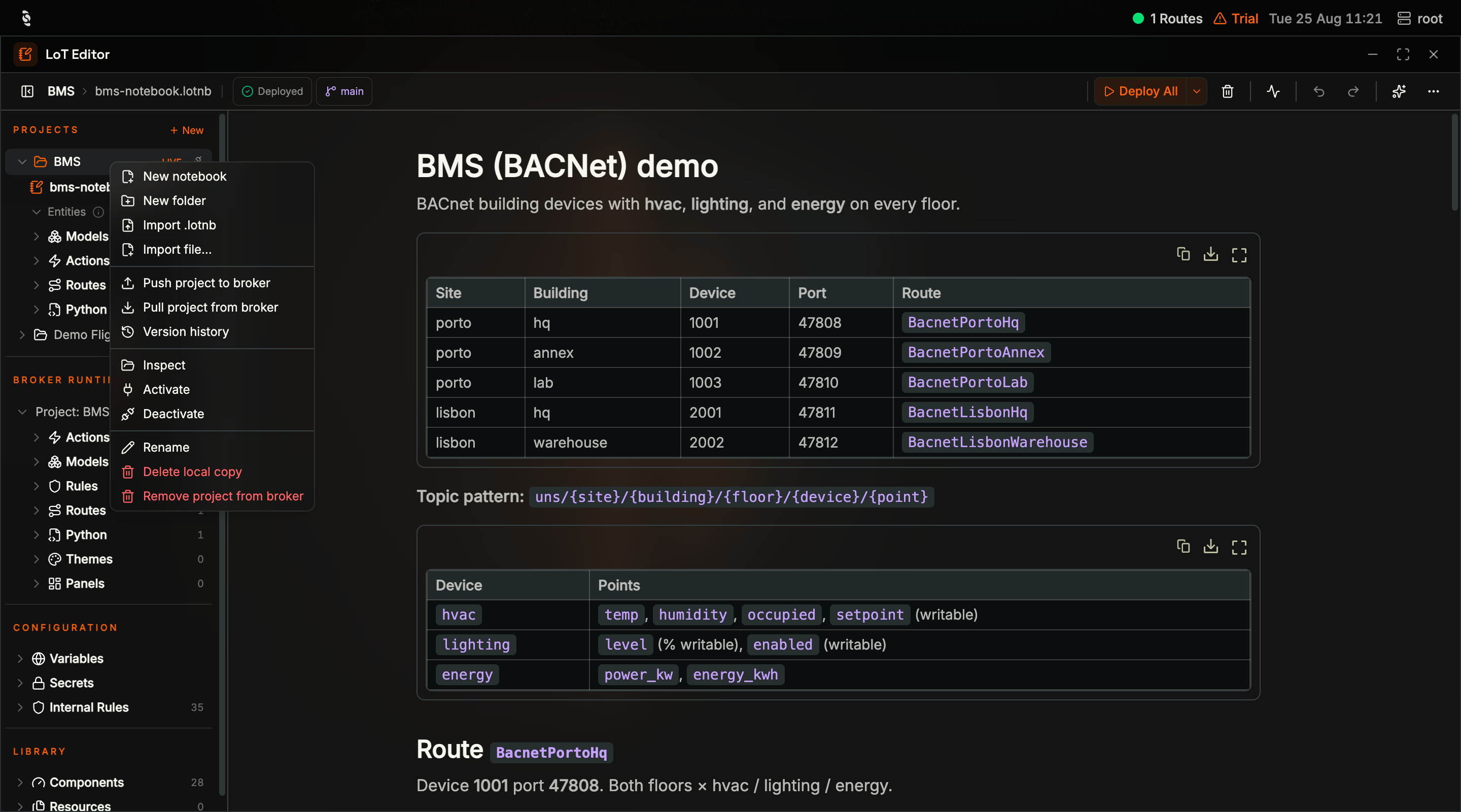Context menu for a project in the Coreflux HUB LoT Editor with New notebook, Push project to broker, Pull project from broker, Version history, Inspect, Activate, Deactivate, Rename, Delete local copy, and Remove project from broker