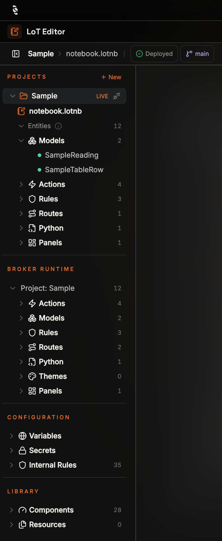 Coreflux HUB LoT Editor sidebar with PROJECTS Sample LIVE, notebook.lotnb, Entities 12, Models SampleReading and SampleTableRow; BROKER RUNTIME Project Sample with type counts; CONFIGURATION Variables Secrets Internal Rules 35; LIBRARY Components 28 Resources 0; header Deployed and main