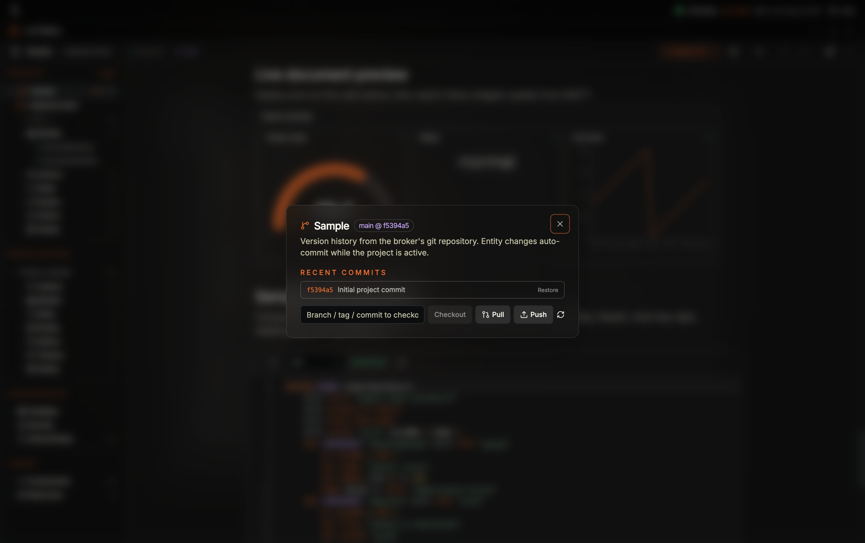 Coreflux HUB version history dialog headed Sample with main at f5394a5, RECENT COMMITS showing f5394a5 Initial project commit with Restore, and a Branch / tag / commit field with Checkout, Pull, and Push