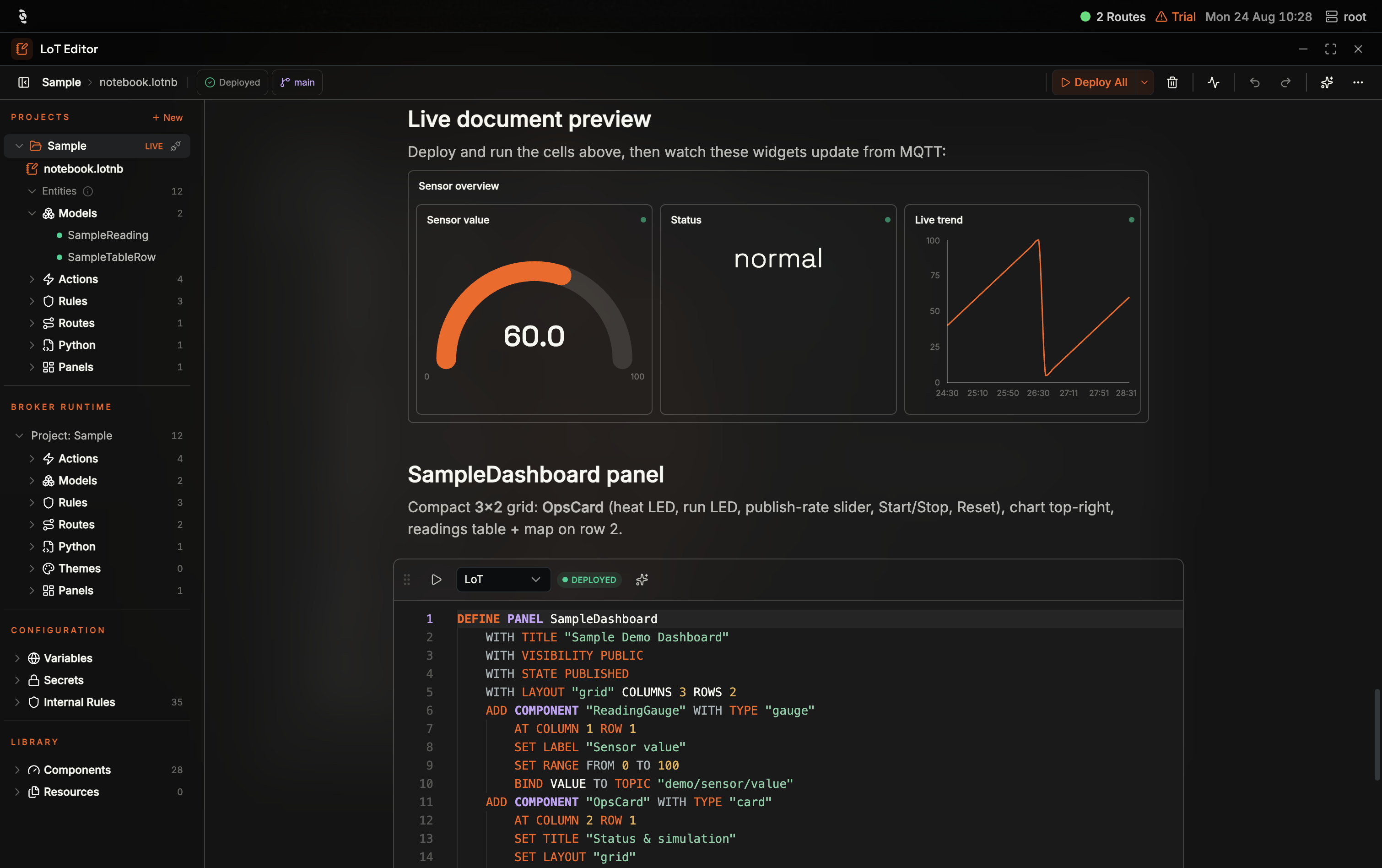 Coreflux HUB LoT Editor showing the Sample notebook with a live document preview of a sensor gauge reading 60, status normal, and a live trend chart, a SampleDashboard panel cell below, PROJECTS with Sample LIVE, BROKER RUNTIME Project Sample, a Deployed chip, main branch, and Deploy All