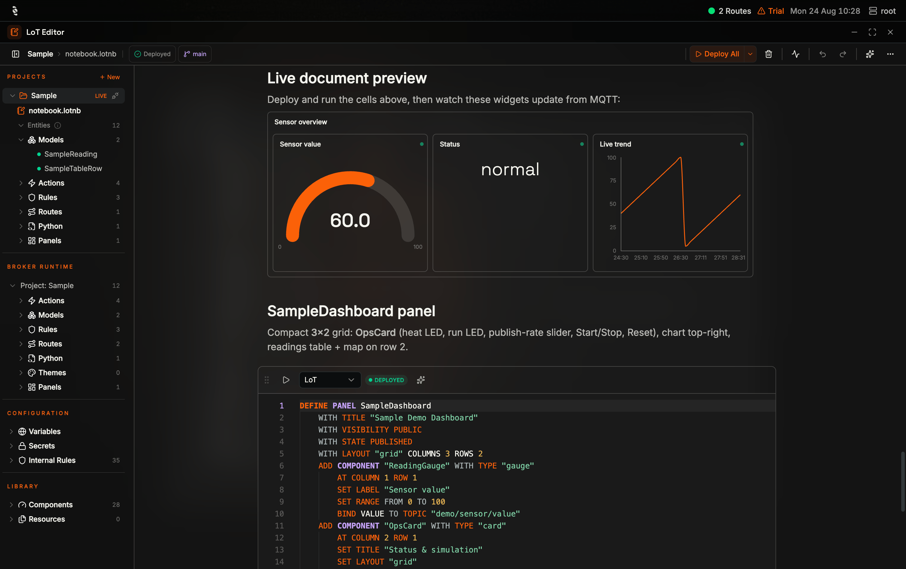 Coreflux HUB LoT Editor showing the Sample notebook with a live sensor preview, Projects with Sample LIVE, and Broker runtime listing Project Sample