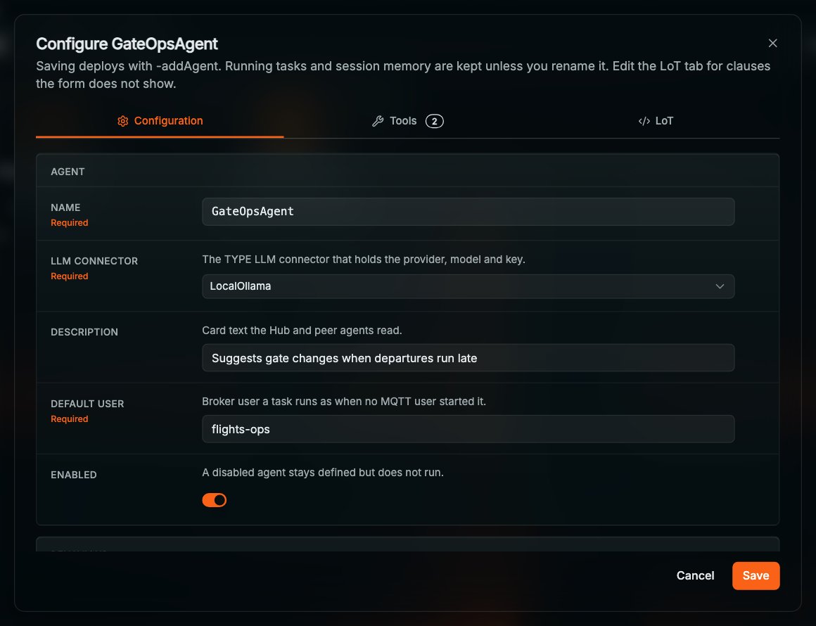 Coreflux HUB Configure GateOpsAgent dialog with Configuration, Tools 2, and LoT tabs; the Agent section shows Name GateOpsAgent, LLM connector LocalOllama, Description Suggests gate changes when departures run late, Default user flights-ops, and the Enabled switch on, with Cancel and Save