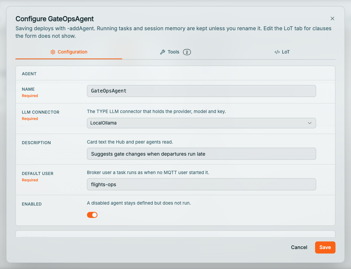 Coreflux HUB Configure GateOpsAgent dialog with Configuration, Tools 2, and LoT tabs; the Agent section shows Name GateOpsAgent, LLM connector LocalOllama, Description Suggests gate changes when departures run late, Default user flights-ops, and the Enabled switch on, with Cancel and Save