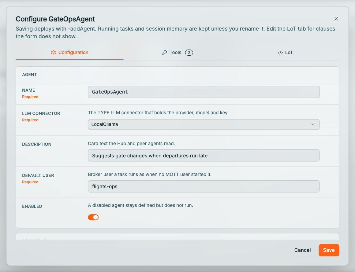 Coreflux HUB Configure GateOpsAgent dialog with Configuration, Tools 2, and LoT tabs; the Agent section shows Name GateOpsAgent, LLM connector LocalOllama, Description Suggests gate changes when departures run late, Default user flights-ops, and the Enabled switch on, with Cancel and Save