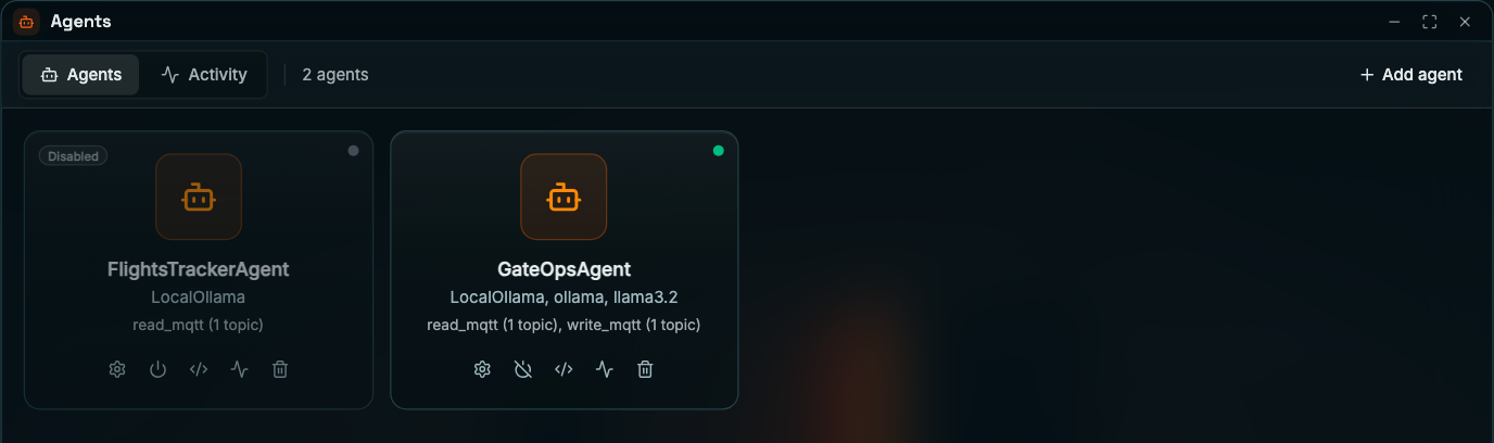 Coreflux HUB Agents window, Agents tab, 2 agents: the FlightsTrackerAgent card is dimmed with a Disabled pill and a grey status dot and shows LocalOllama and read_mqtt (1 topic); the GateOpsAgent card has a green status dot and shows LocalOllama, ollama, llama3.2 and read_mqtt (1 topic), write_mqtt (1 topic). Each card has Configure, power, LoT, activity, and remove icons