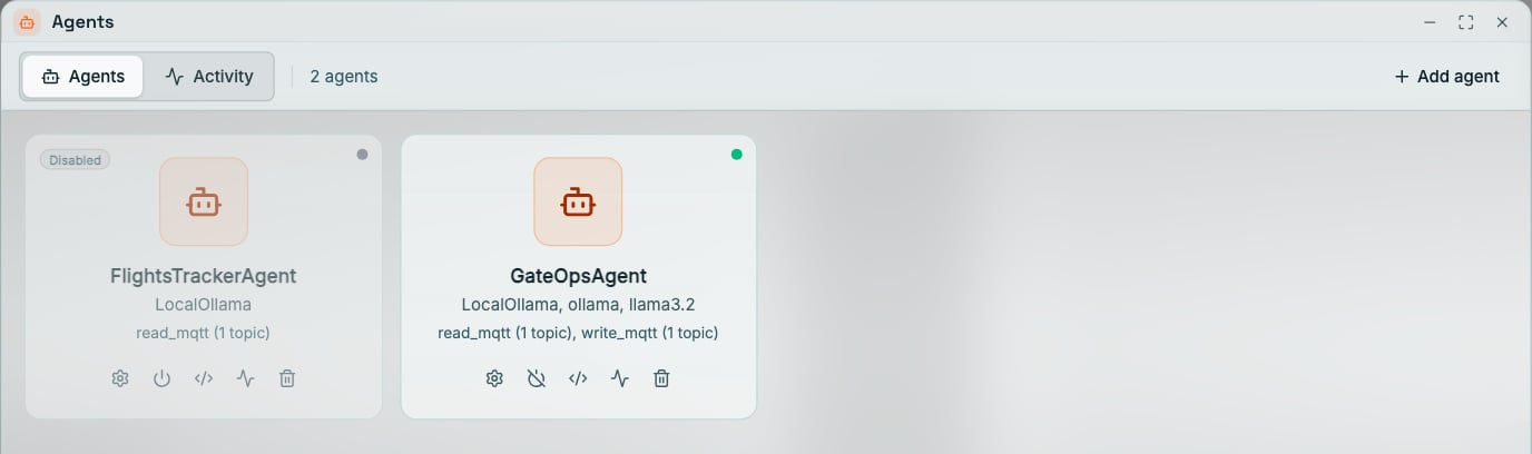 Coreflux HUB Agents window, Agents tab, 2 agents: the FlightsTrackerAgent card is dimmed with a Disabled pill and a grey status dot and shows LocalOllama and read_mqtt (1 topic); the GateOpsAgent card has a green status dot and shows LocalOllama, ollama, llama3.2 and read_mqtt (1 topic), write_mqtt (1 topic). Each card has Configure, power, LoT, activity, and remove icons