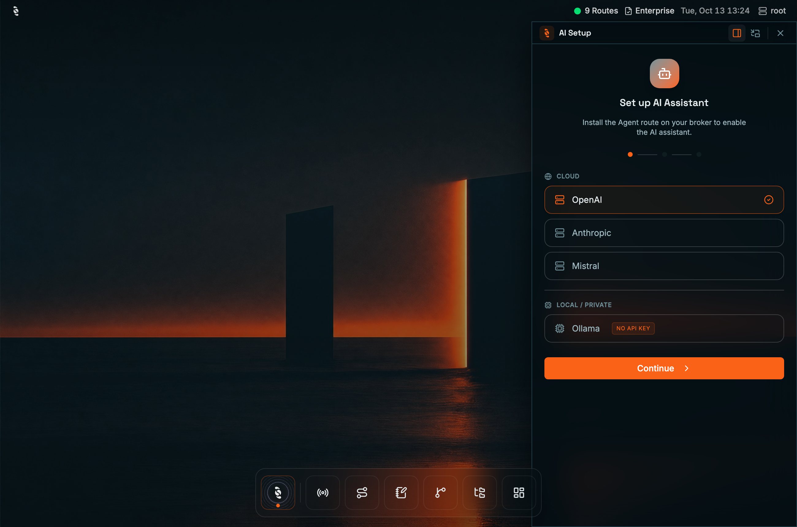 Coreflux HUB with the AI Setup wizard open on the right, titled Set up AI Assistant with the note Install the Agent route on your broker to enable the AI assistant, a step indicator, Cloud providers OpenAI (selected) and Anthropic, Local / Private Ollama tagged No API key, and a Continue button