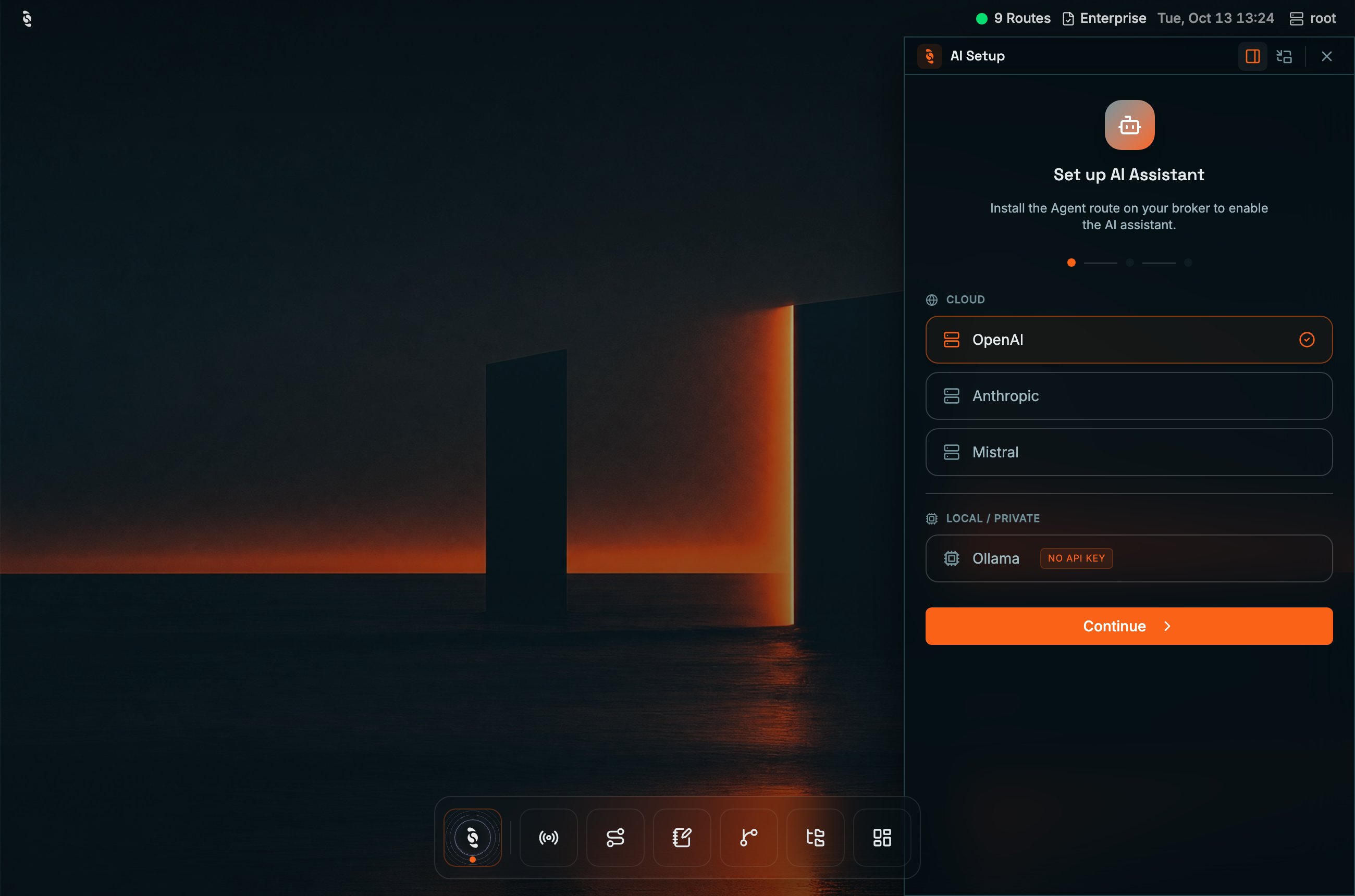 Coreflux HUB with the AI Setup wizard open on the right, titled Set up AI Assistant with the note Install the Agent route on your broker to enable the AI assistant, a step indicator, Cloud providers OpenAI (selected) and Anthropic, Local / Private Ollama tagged No API key, and a Continue button